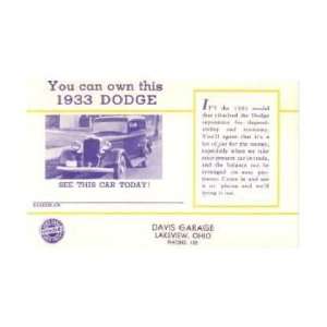  1933 DODGE Used Cars Post Card Sales Piece Automotive