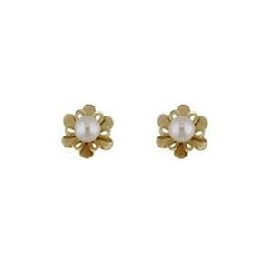 18Kt Yellow Gold 2Layer Flower with 5mm Pearl Center Earring (10mm/5mm 