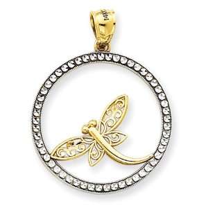  14k and Rhodium D/C Dragonfly Circle Pendant Jewelry