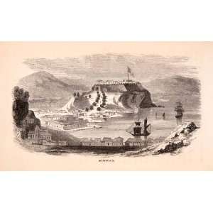 1855 Wood Engraving Acapulco Mexico Hilltop Castle Cityscape Historic 