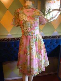 Vintage 50s Dress, Springy Print, Lined, Metal Zipper, Raised Velvet 