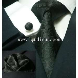  Landisun 35E Black Floral Pattern Mens Silk Tie Set Tie 