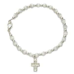 3mm White Pearl Beads First Communion Bracelet with White Pearl Cross 