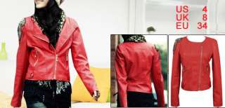 Woman Faux Leather Slant Pocket Motorcycle Jacket Red S  