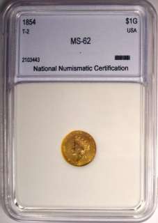 1854 Type 2 Indian Gold Dollar G$1 BU   RARE MS Uncirculated Coin 