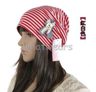 Womens Navy Stripe Casual Warm Beanie Cap Winter Hat Red Z44  