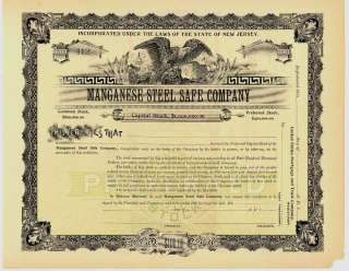 MANGANESE STEEL SAFE COMPANY STOCK CERTIFICATE  