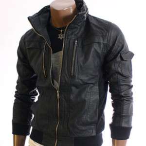 Mens Wired Collar Zipup Leather Jacket BLACK (1213  