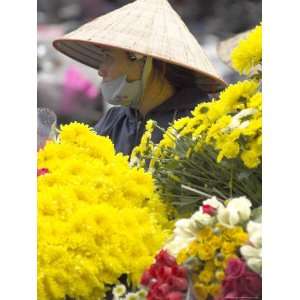 Woman Wearing Traditional Hat and Selling Fresh Cut Flowers, Dong Xuan 