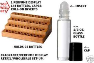 WOOD PEFUME OIL DISPLAY & 144 1/3oz ROLL ON BOTTLES  