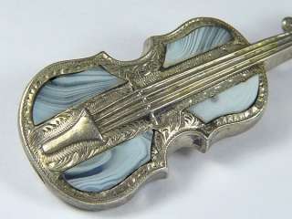 QUALITY ANTIQUE SCOTTISH SILVER MONTROSE LACE AGATE VIOLIN BROOCH PIN 
