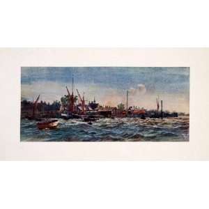  1905 Print Greenhithe Windy Thames William Wyllie Waves 