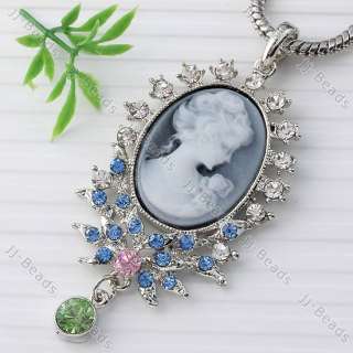 Blue Beauty Lady Cameo Crystal Rhinestone Gorgeous Oval Pendant Fit 