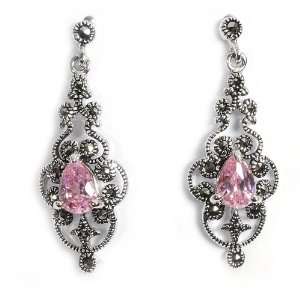  Earrings with Marcasite, Pear Shaped Pink Crystals (Prong Set 