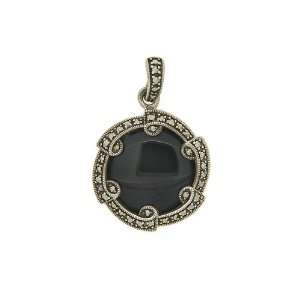    925 Sterling Silver Marcasite & Black Onyx Pendant Jewelry