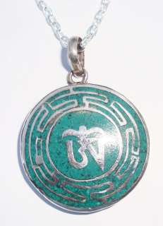 Silver Turquoise Om Ohm Pendant Necklace Tibet Jewelry  