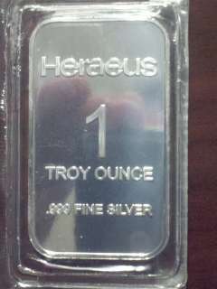 Fine BU Heraeus 1 Troy Oz. Silver Bullion Bar .999 GEM  