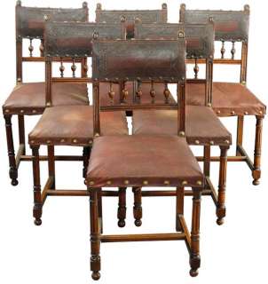 Set of 6 Antique French Renaissance Walnut Dining Chairs with Embossed 