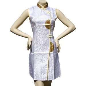  White Dragon Designs with Gold Symbols Qi Pao Dress   US 