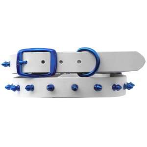   White Leather Dog Collar with Spikes, Sapphire Blue