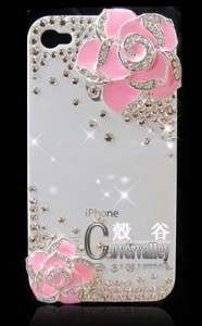 bling rhinestone white case cover pink flower iPhone 4 4s M5  