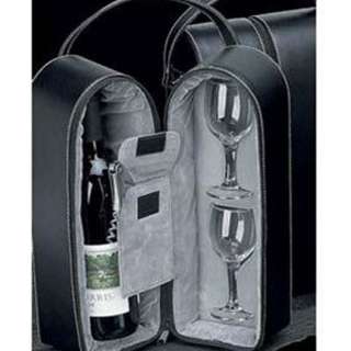 Genuine Leather Wine Caddy Bottle & 2 Glass Travel Case by Bey Berk