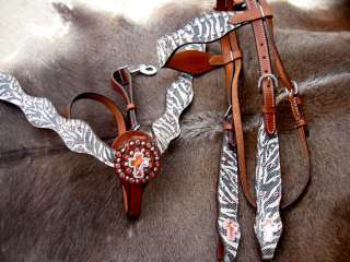 BRIDLE WESTERN LEATHER HEADSTALL BREAST COLLAR ZEBRA PINK BLING SET 