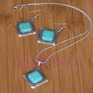 Women Fashion Tibet Silver Carve Flower Coin Square Blue Earring 
