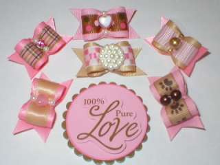 Vals Dog Bows~5/8 6 pack PINK N TAN FOR YORKIE++  