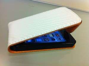 White Carbon Fibre Leather Flip Case Pouch For iPhone 4  