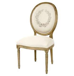 French Country Laurel Leaf on Linen Oval Back Medallion Dining Chair 