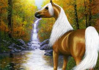 Palomino horse autumn fall forest stream limited edition aceo print 