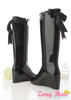 Womens Rubber Bow Tie Black Wellies Rainboots Free S&H  