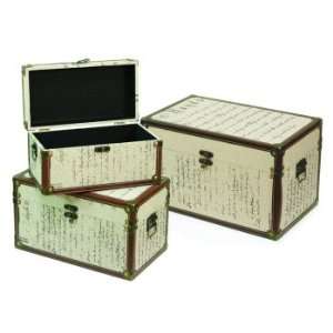   Brown Print Linen Storage Boxes w/Faux Leather Trim