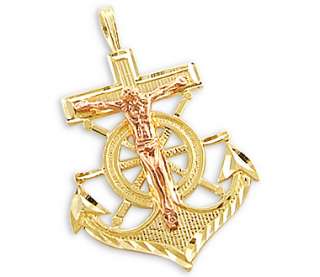14k Yellow and Rose Gold Anchor Crucifix Charm Pendant  
