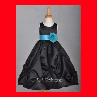 BLACK TURQUOISE BLUE FLOWER GIRL DRESS SM LG 2 4 6 8 10  