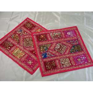  2 Indian Sari Kundan Deep Pink Throw Pillows Cushions 