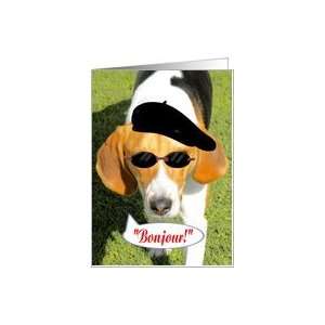  French Hello, Blank Note Card, HoundDog w/sunglasses beret 