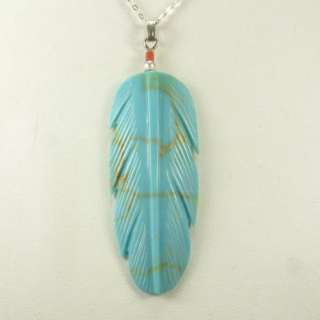 BIG TURQUOISE FEATHER PENDANT STERLING SILVER NECKLACE  