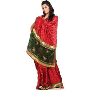  Red Bandhani Sari with Net Anchal and Patch Border   Satin 