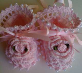 Pink Rose Crochet Baby Booties Christening Reborn Doll  