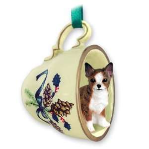  Chihuahua Green Holiday Tea Cup Dog Ornament   Brindle 