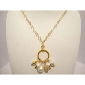  Link Style Necklace with Pearl and CZ Pendant Yellow Gold 
