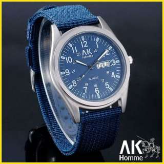 AK Homme Canvas Fashion Date Wrist Watch Nice Gift Dark Green Blue 