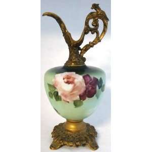 Fostoria Antique Milk Glass Hand Painted Ewer Roses  
