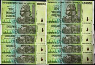 10 TRILLION ZIMBABWE DOLLARS x 10 + CURRENCY HOLDER  100 TRILLION 