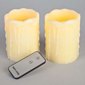 NEW 2 Pc Set Drip Flameless LED Ivory Wax Pillar Candles w/ Remote 