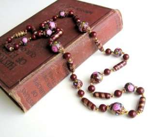 Vintage Venetian Glass Necklace Burgundy Wine Red Lampwork Beads Pink 