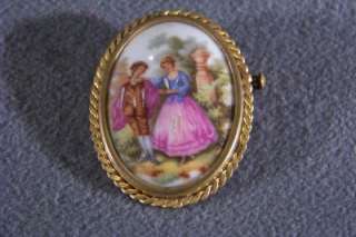 ANTIQUE HAND PAINT PORCELAIN LIMOGES OVAL PIN BROOCH  