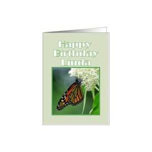 Happy Birthday, Linda, Monarch Butterfly on White Milkweed Flower Card